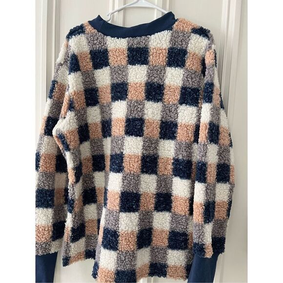 Blue peach and cream  Checkered fleece Sherpa top L - Picture 2 of 3